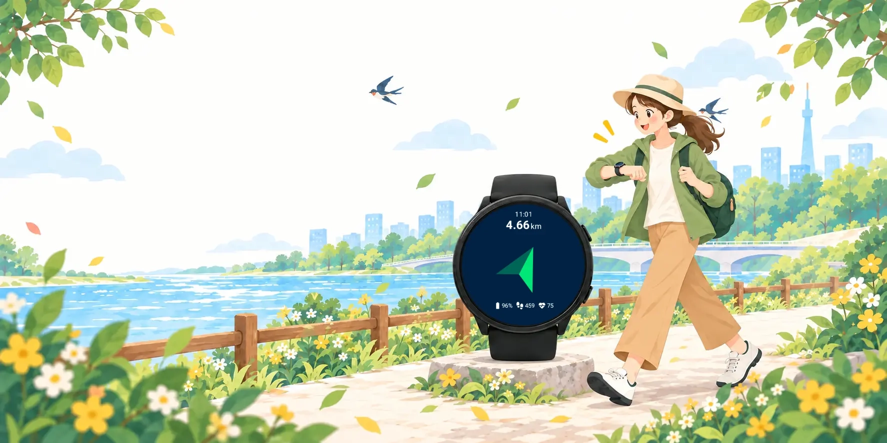 BuraNaviの実際のナビ画面を表示したWear OSウォッチと、川沿いを歩きながら手首を見る人のイラスト