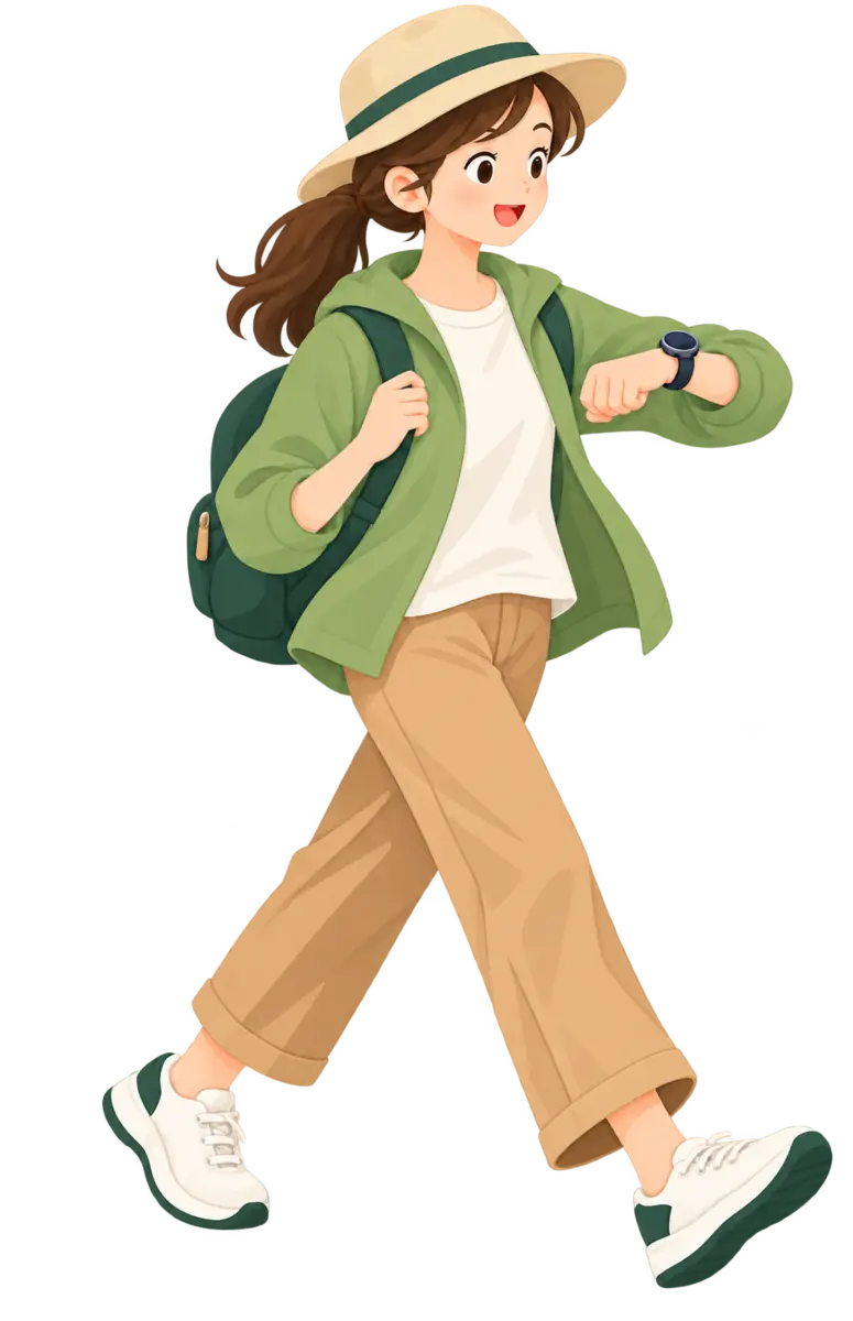 PCヒーローと同じ服装で、手首のウォッチを確かめながら歩く女性のイラスト